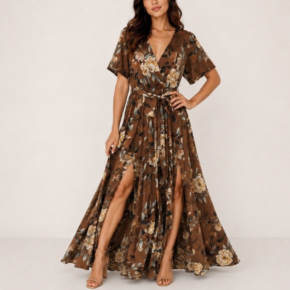 Baltic Born Dresses & Skirts - Baltic Born Sicily Satin Maxi Dress L Mocha Brown Floral